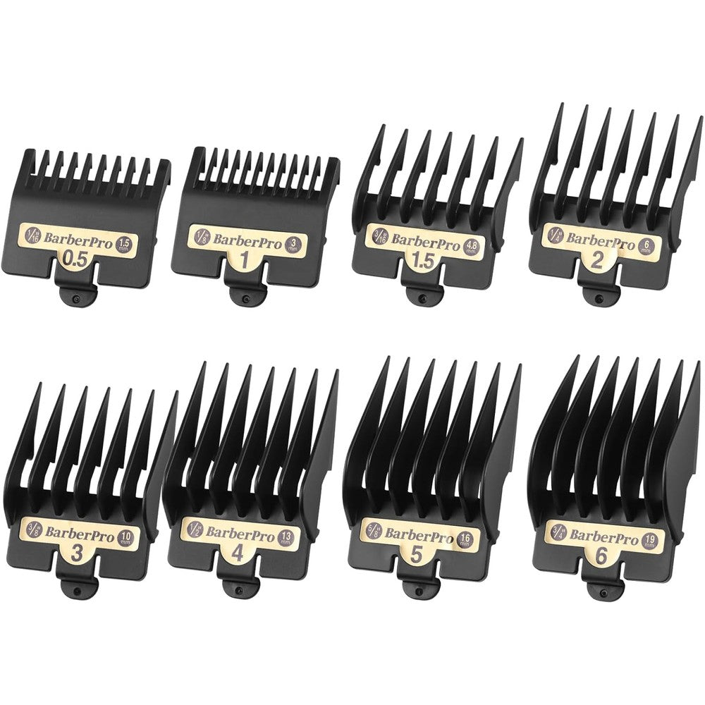 Cosyonall clipper replacement guards front view showcasing the eight black hair guide combs arranged in size order.