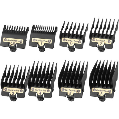 Cosyonall clipper replacement guards front view showcasing the eight black hair guide combs arranged in size order.