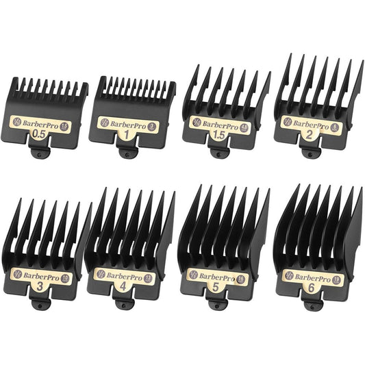 Cosyonall clipper replacement guards front view showcasing the eight black hair guide combs arranged in size order.