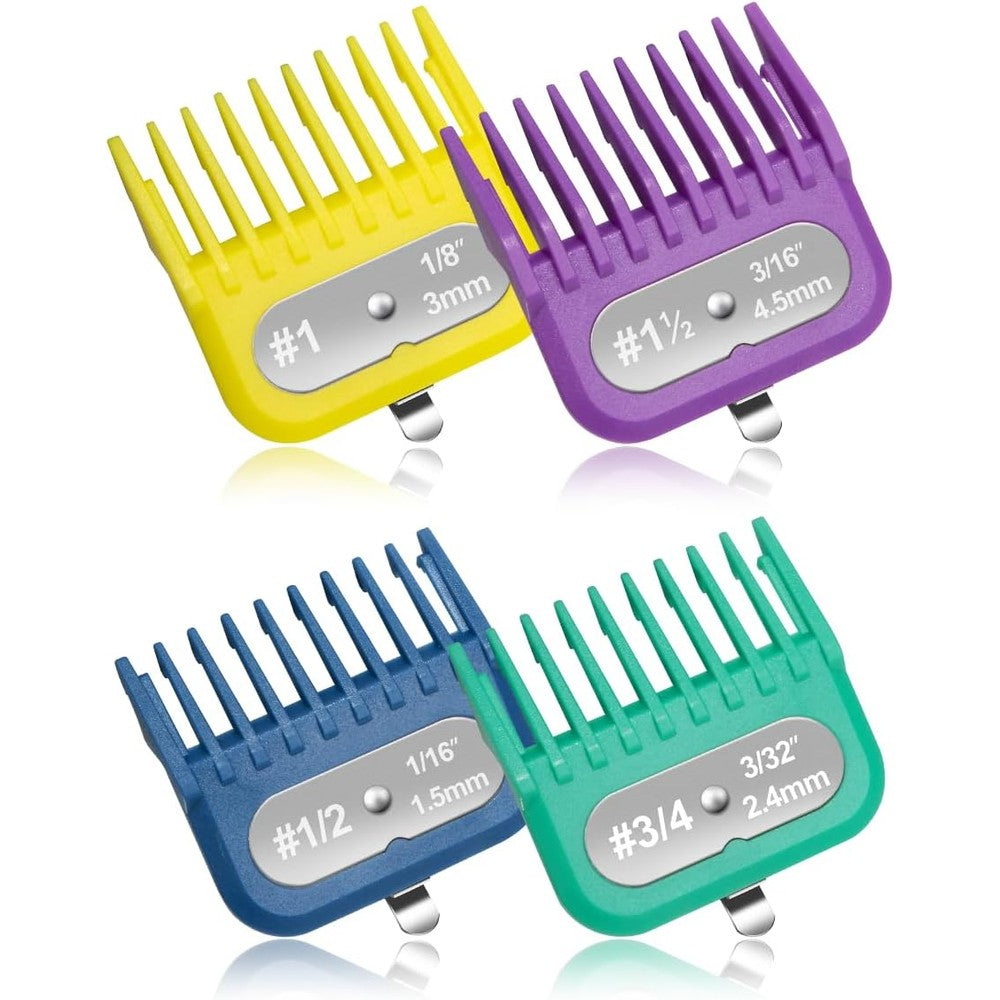 CLIPFIT clipper guards set front view displaying four colorful replacement attachment combs for professional grooming.