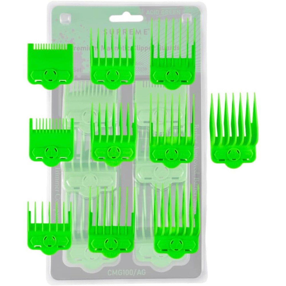 Supreme Trimmer Magnetic Guide Combs CMG100 front view of ten-piece hair clipper guard set in acid green