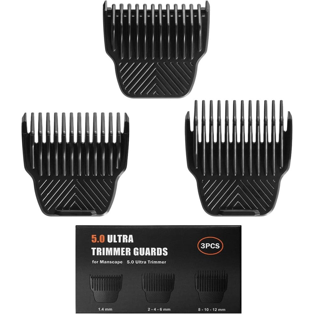 Amorka professional trimmer guards for Manscaped Lawn Mower 5.0 Ultra front view showing three premium black replacement guide combs.