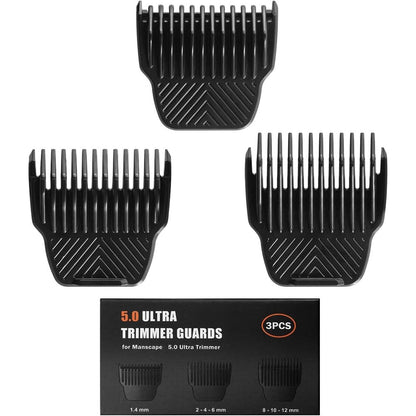 Amorka professional trimmer guards for Manscaped Lawn Mower 5.0 Ultra front view showing three premium black replacement guide combs.