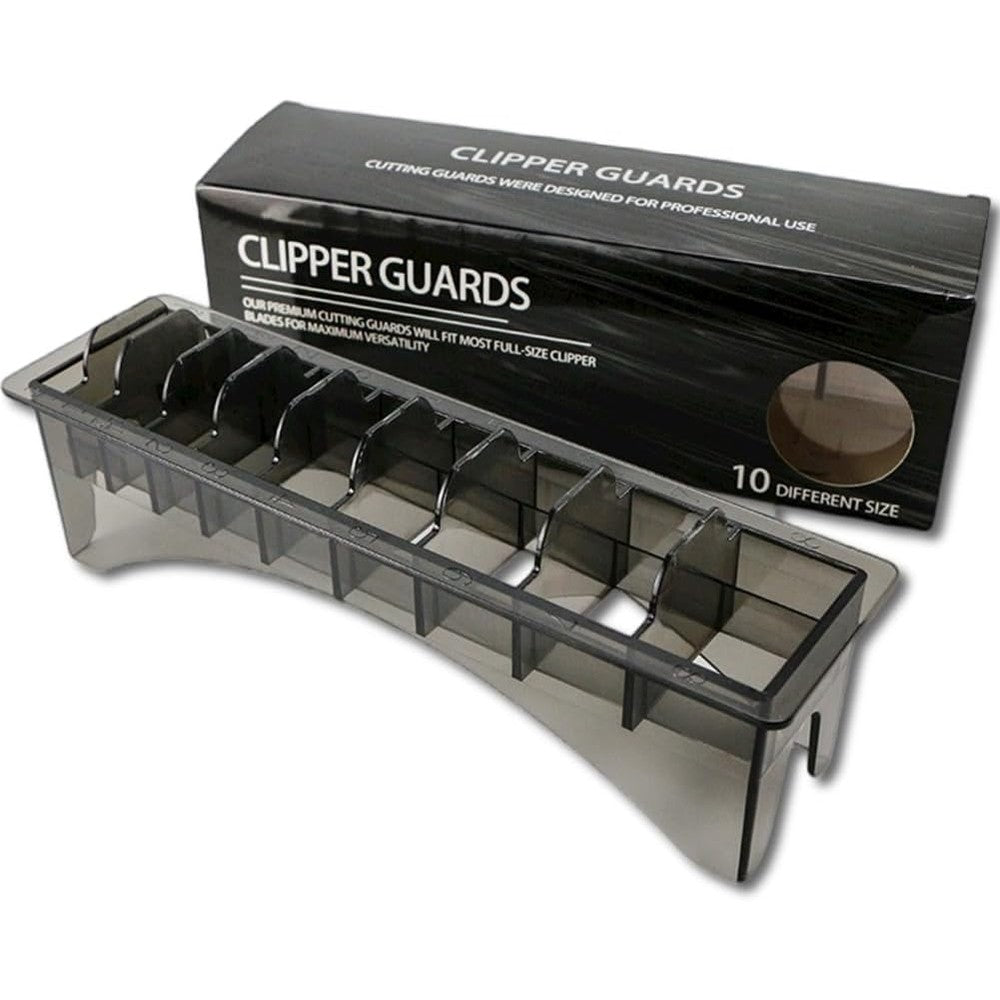 HuGuWdy clipper guard holder front view showing ten slot empty rectangular tray layout.