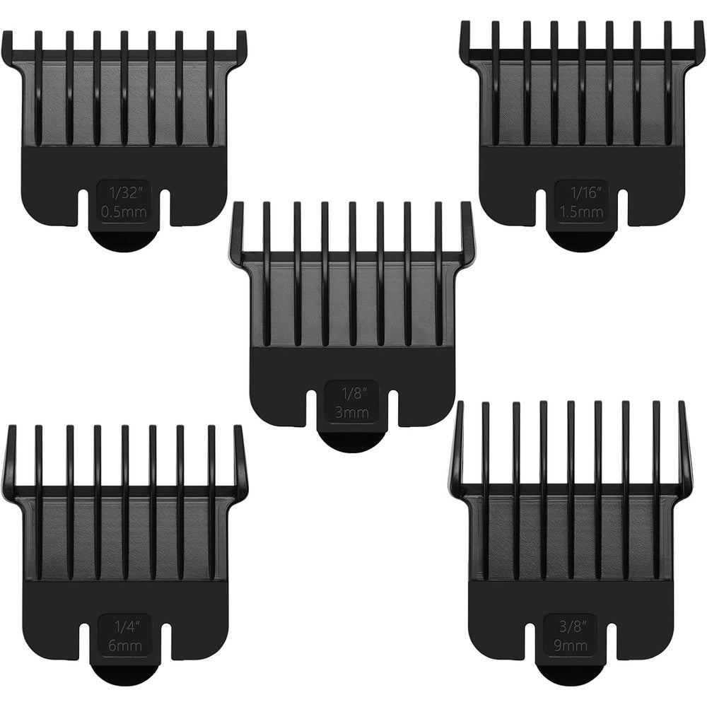 Wusuker five pack t outliners guards front view showing five black trimmer attachment combs arranged by size.