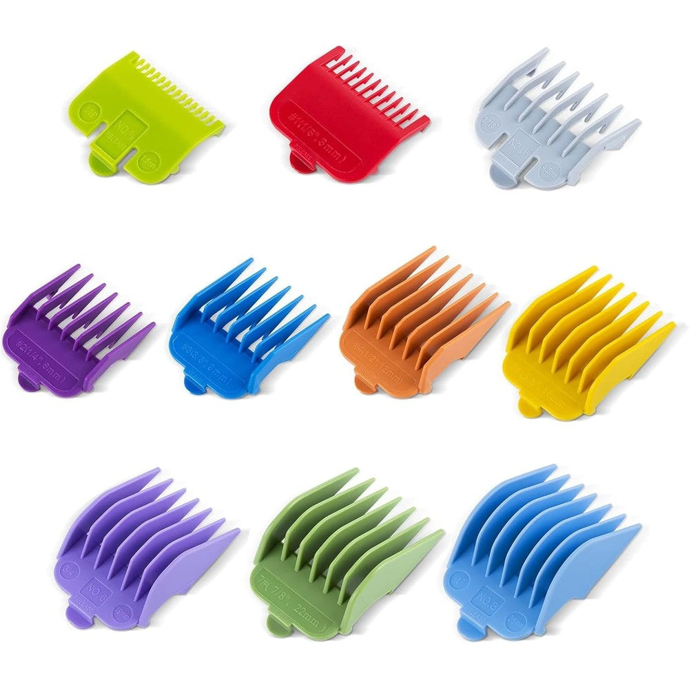 Clasura 10 piece color coded hair clipper guards arranged in an organizer showing multiple cutting lengths front view.