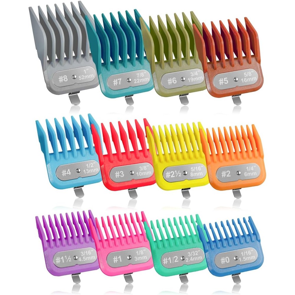 CLIPFIT hair clipper guards set front view displaying 12 colorful guide combs sorted by size number