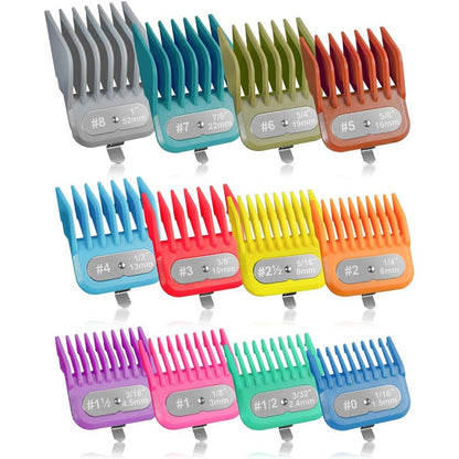 CLIPFIT hair clipper guards set front view displaying 12 colorful guide combs sorted by size number