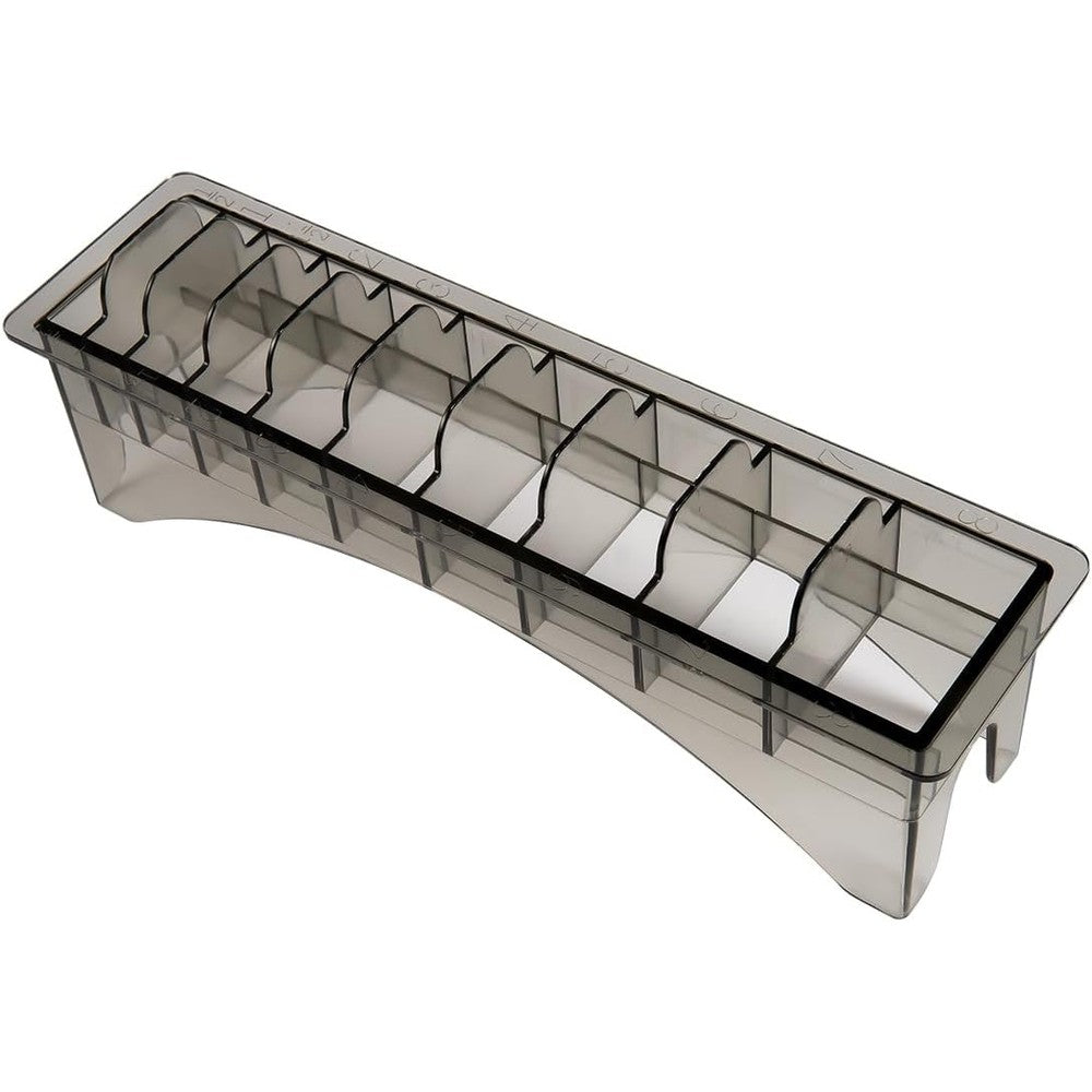 Perfitech clipper guard holder organizer front view showing ten empty storage slots in black color