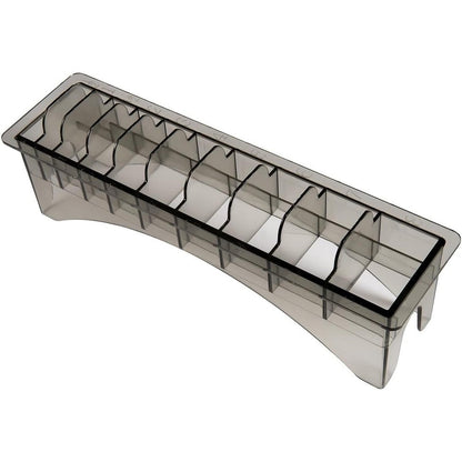 Perfitech clipper guard holder organizer front view showing ten empty storage slots in black color