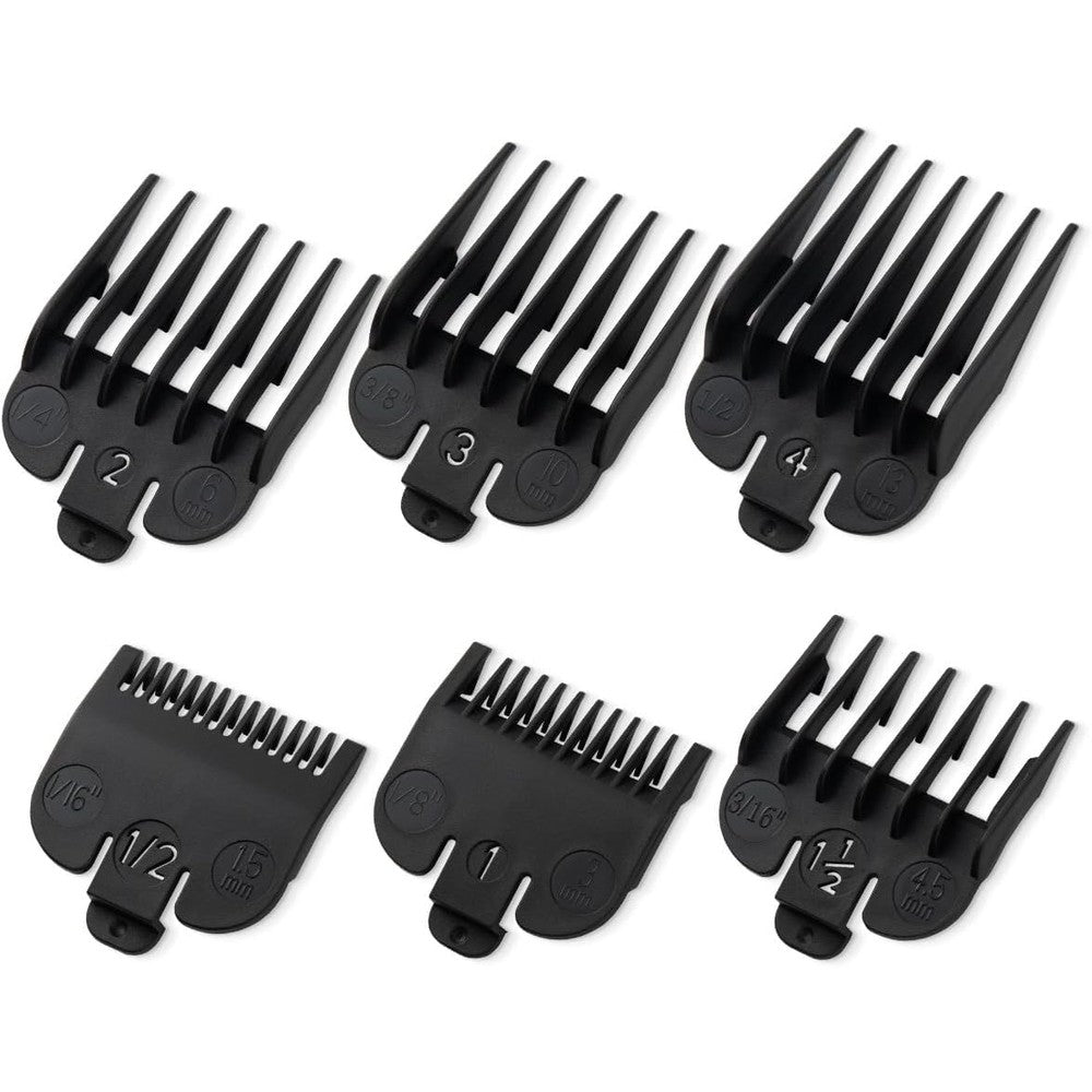 LAVEST clipper guards set front view showing six black replacement guide combs organized by size.