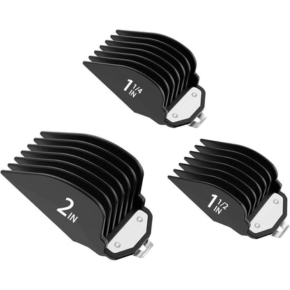 Zerika large clipper guards for wahl front view showcasing three distinct long attachment combs with secure metal back clips