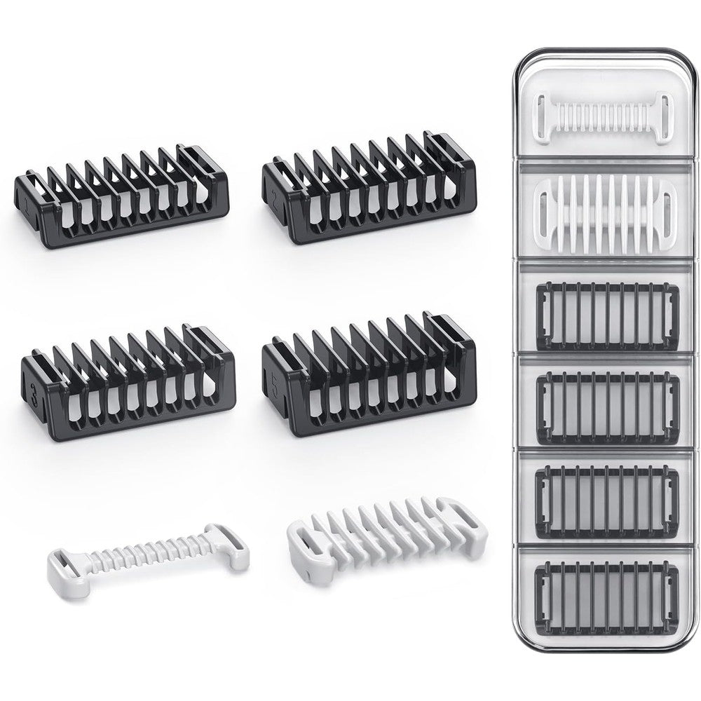 Jorvex Guide Guards Set front view showing four green bidirectional trimmer combs with protective travel case