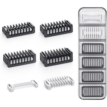 Jorvex Guide Guards Set front view showing four green bidirectional trimmer combs with protective travel case