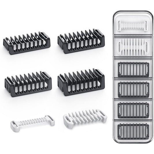 Jorvex Guide Guards Set front view showing four green bidirectional trimmer combs with protective travel case