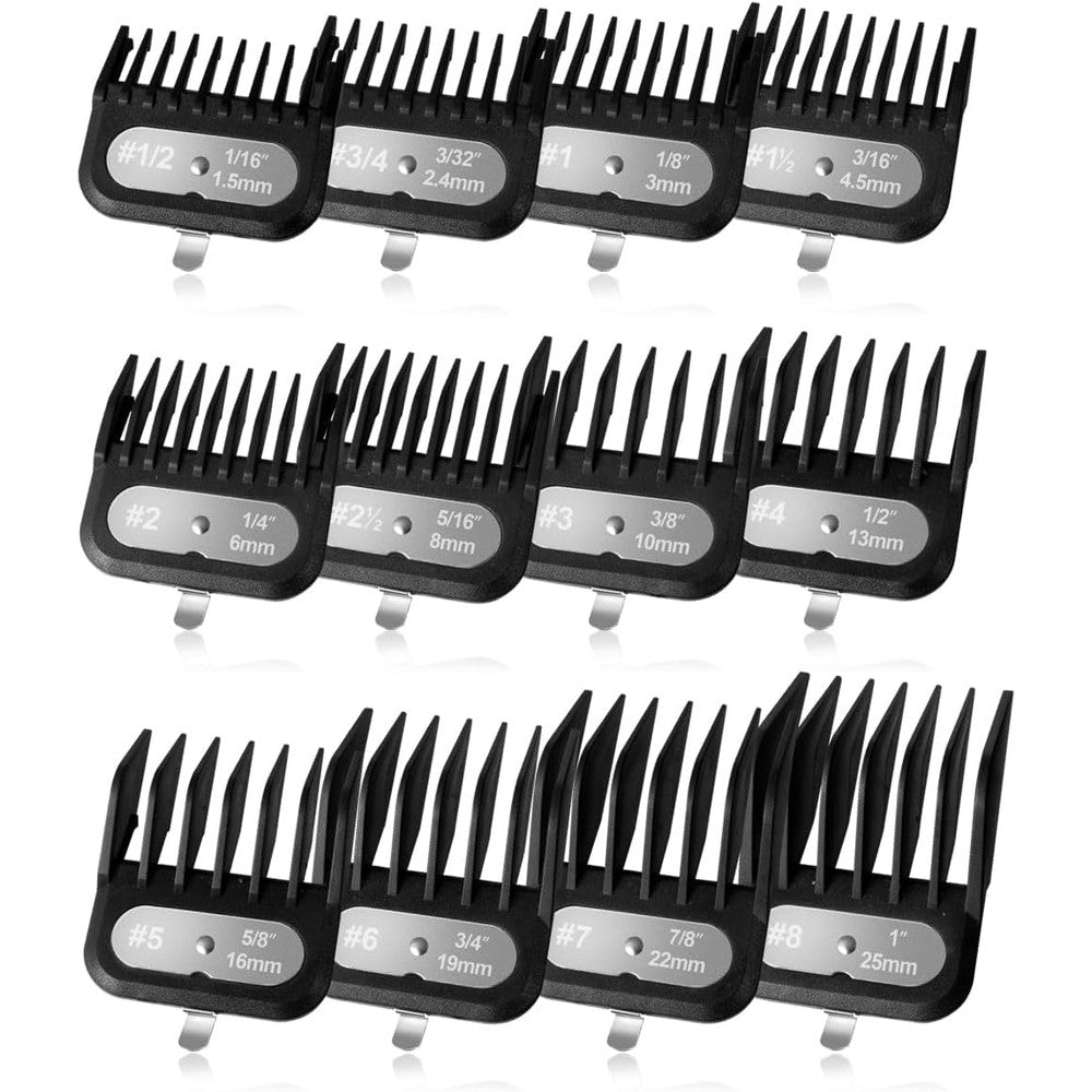CR8GR8 clipper guards set compatible with Wahl clippers front view displaying twelve black guide combs.