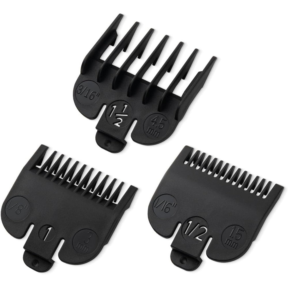 LAVEST Clipper Guards premium three piece replacement set showing front view of matte black guide combs.