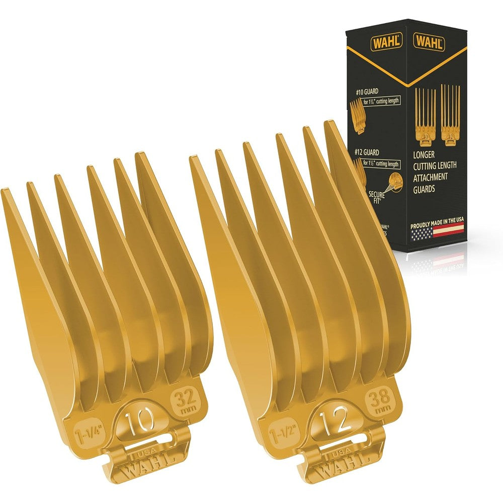 Wahl genuine secure fit attachment guard set front view showing yellow size ten and size twelve guide combs