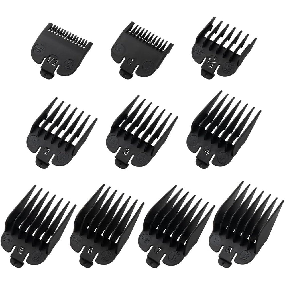 LAVEST clipper guards set front view displaying ten black pieces arranged in ascending size order.