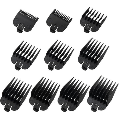 LAVEST clipper guards set front view displaying ten black pieces arranged in ascending size order.