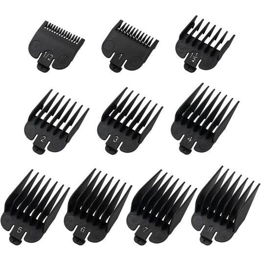 LAVEST clipper guards set front view displaying ten black pieces arranged in ascending size order.