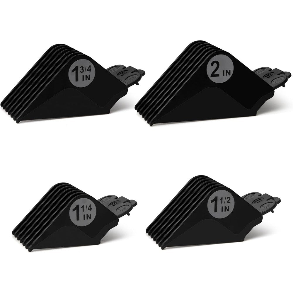 LAVEST extra long hair clipper guards set front view showcasing the four black replacement guide combs