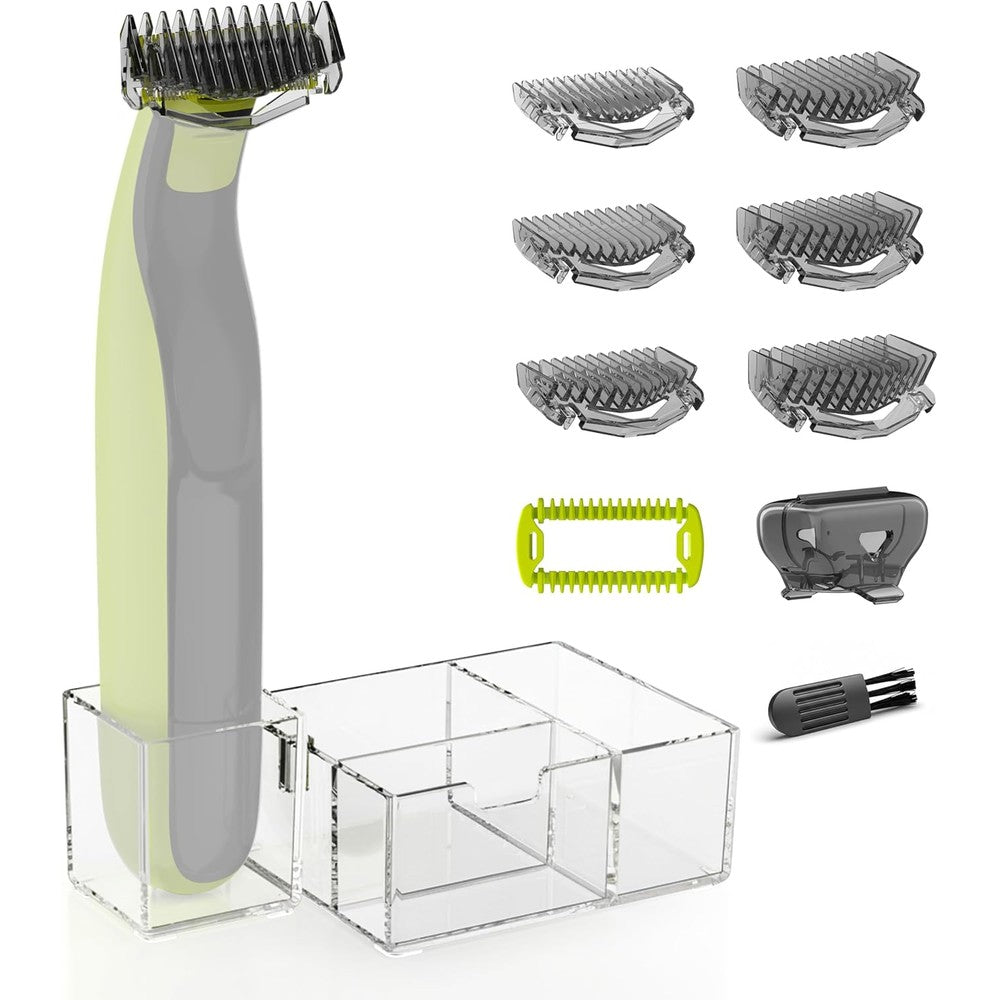 KIONCARE Guards Kit Plus for Philips Norelco OneBlade front view showing the complete set of six guide combs and body attachment.