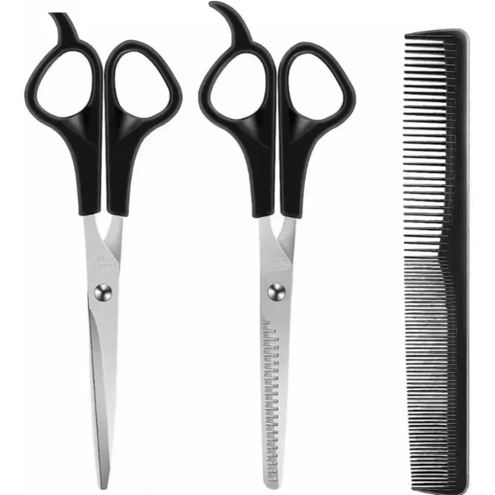 Khushal Enterprise hair cutting scissors kit front view displaying straight shears thinning scissors and comb