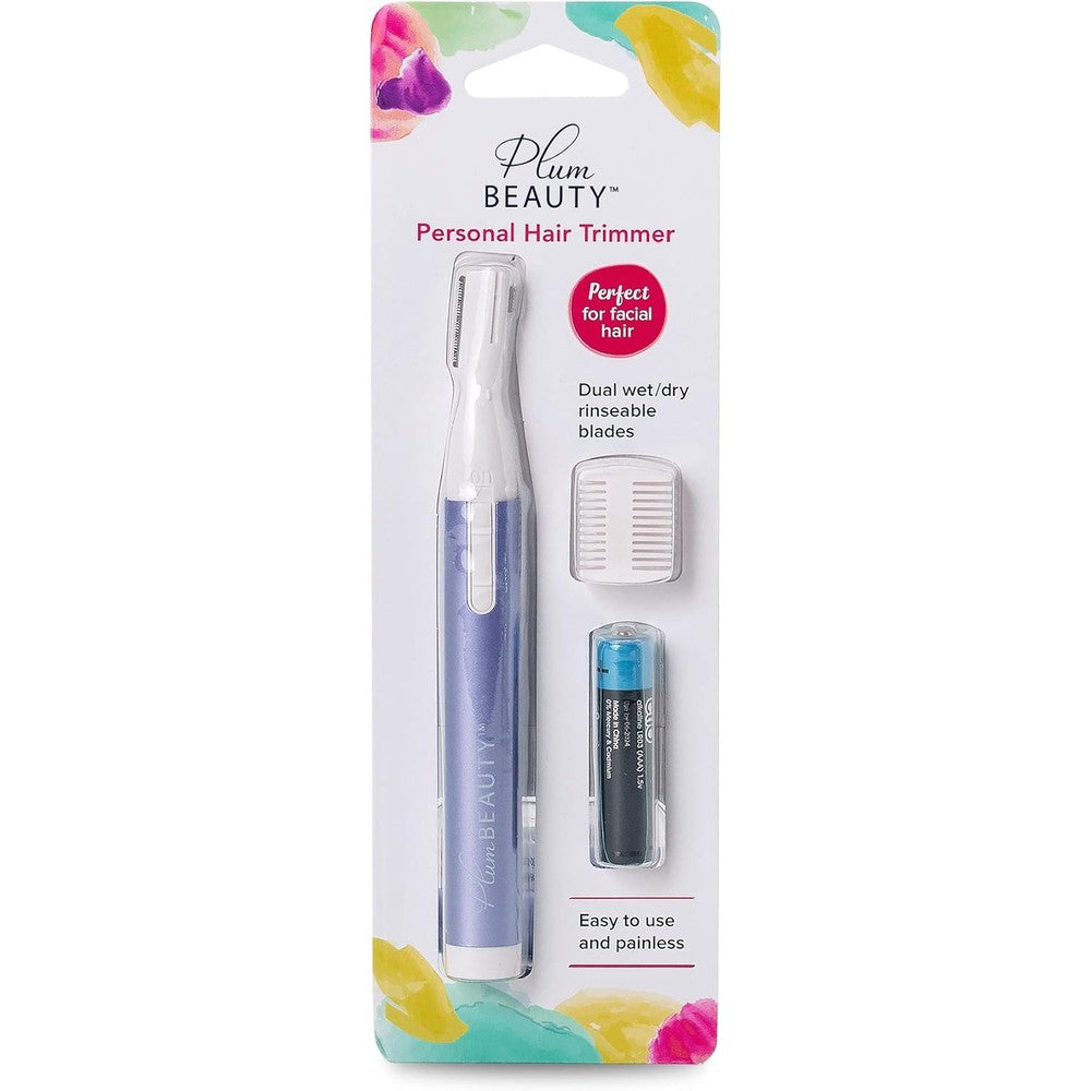 Plum Beauty Personal Hair Trimmer front view showing the sleek dual trimming head.