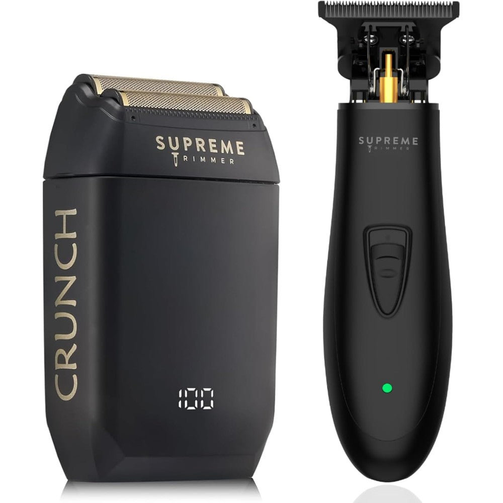 Supreme Trimmer 2-In-1 T-Shaper and Crunch Foil Shaver kit front view showing both black cordless grooming tools on stands