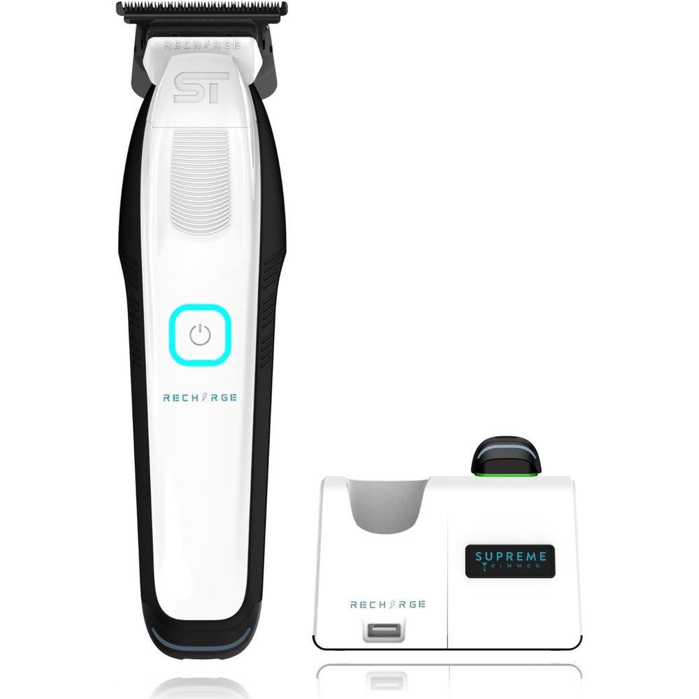 Supreme Trimmer Recharge ST777 front view showcasing the professional white and black cordless design.