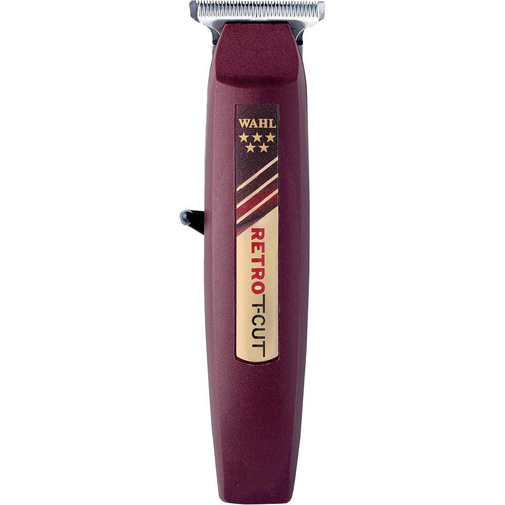 Wahl Professional Cordless Retro T-Cut Trimmer front view in burgundy showcasing the T-wide blade design.
