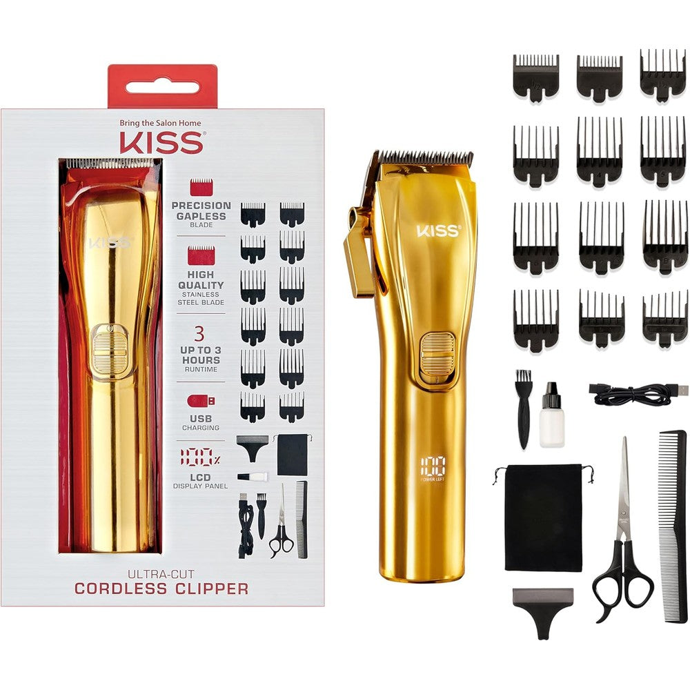 KISS Ultra-Cut Stainless Steel Blade Cordless Clipper front view showing gold-toned body and LCD display screen
