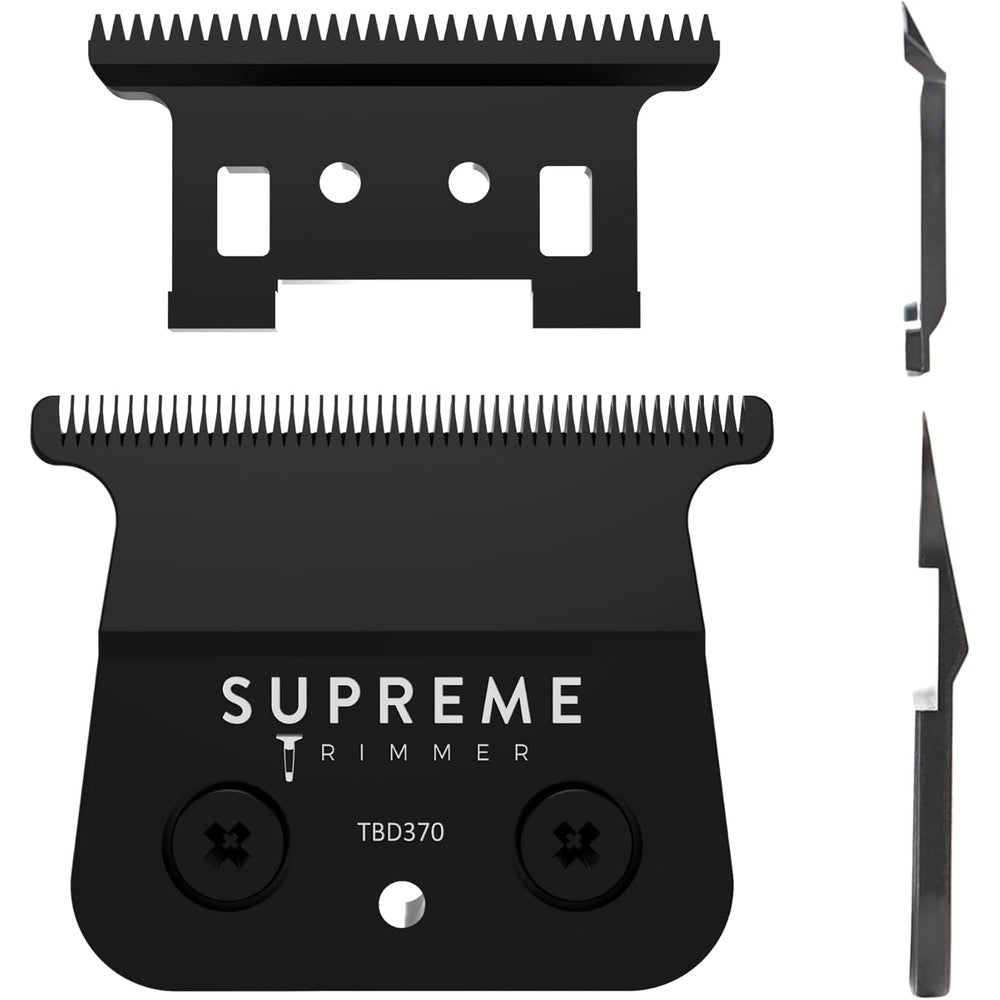 Supreme Trimmer replacement DLC T-blade front view showing dark diamond-like carbon finish.