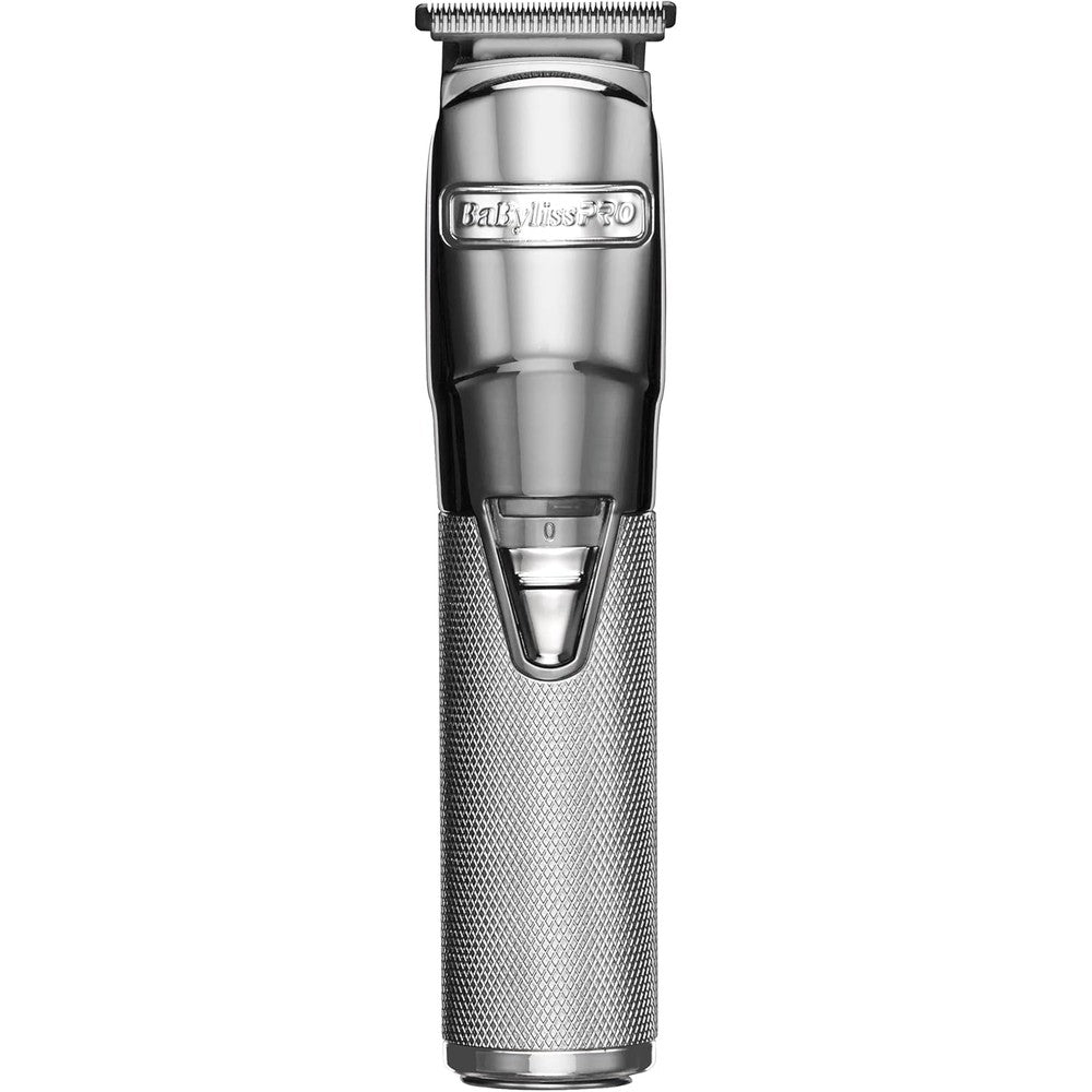 BaBylissPRO SilverFX professional hair trimmer front view showcasing sleek silver metal finish