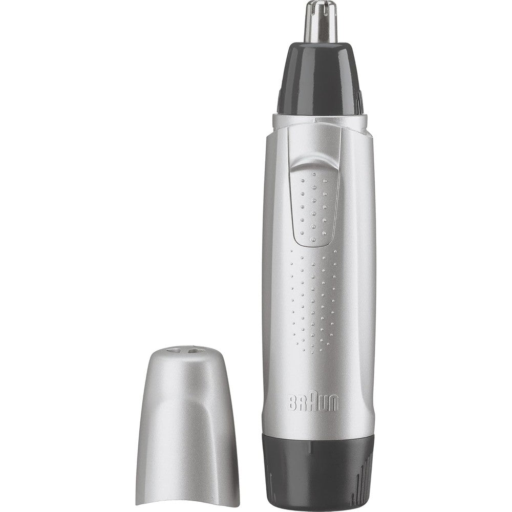 Braun unisex ear and nose hair trimmer front view showcasing the silver body and circular blade system.