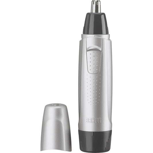 Braun unisex ear and nose hair trimmer front view showcasing the silver body and circular blade system.
