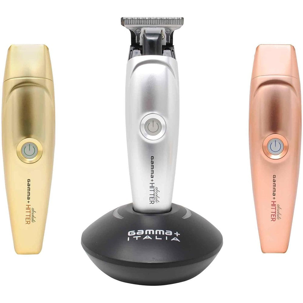 Gamma Plus Absolute Hitter Professional Cordless Hair Trimmer front view with gold lid installed