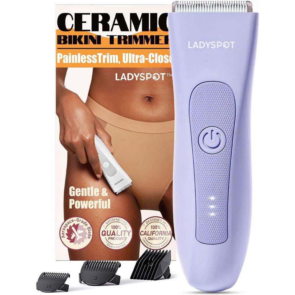 MANSPOT Bikini Trimmer for Women front view showcasing the purple ergonomic handle and ceramic blade.