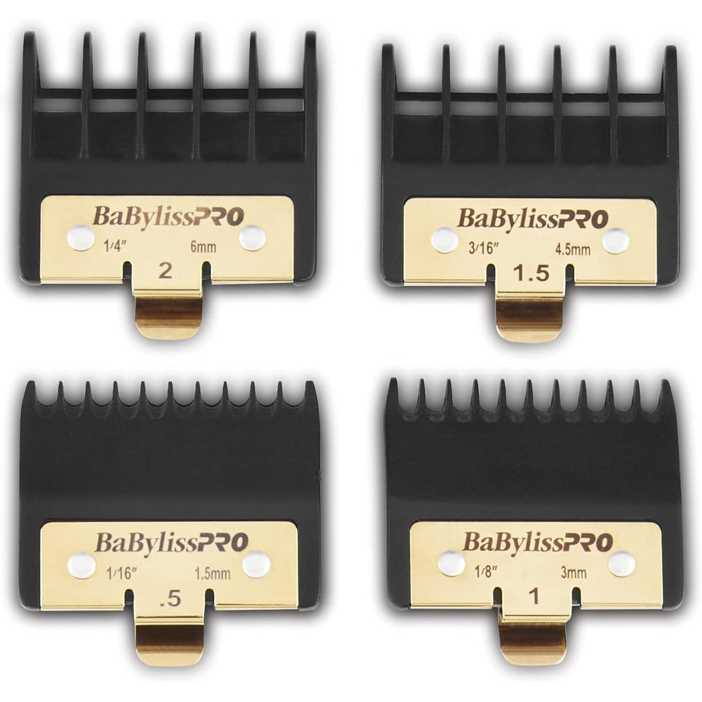 BaBylissPRO Premium Trimmer Guards front view showing four professional sizes with gold metal clips.