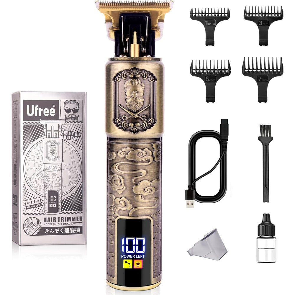 Ufree Professional Beard Trimmer front view showing the vintage bronze metal engraved body and LCD battery display screen.