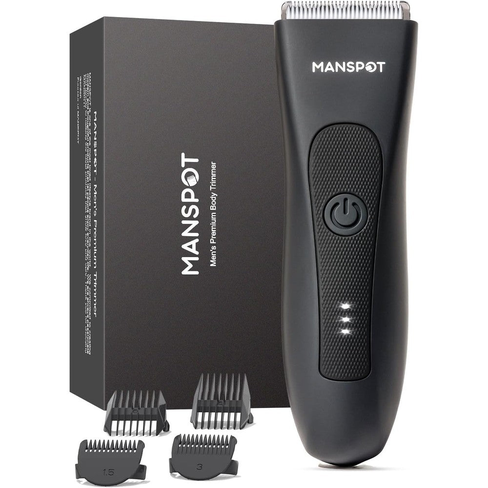 MANSPOT body hair trimmer front view showcasing sleek black ergonomic design