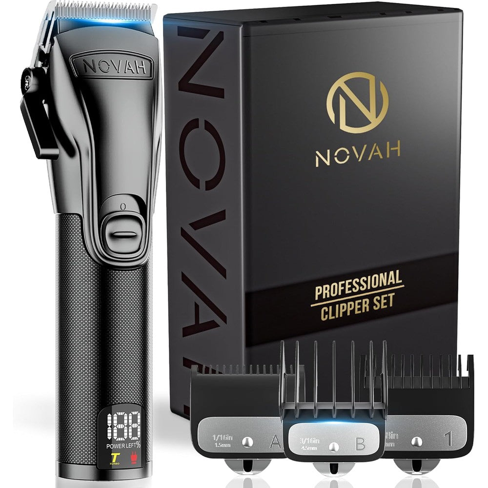Novah Grooming professional hair clippers and trimmer set front view highlighting black all metal unibody