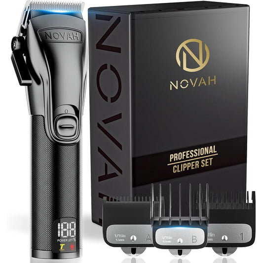 Novah Grooming professional hair clippers and trimmer set front view highlighting black all metal unibody