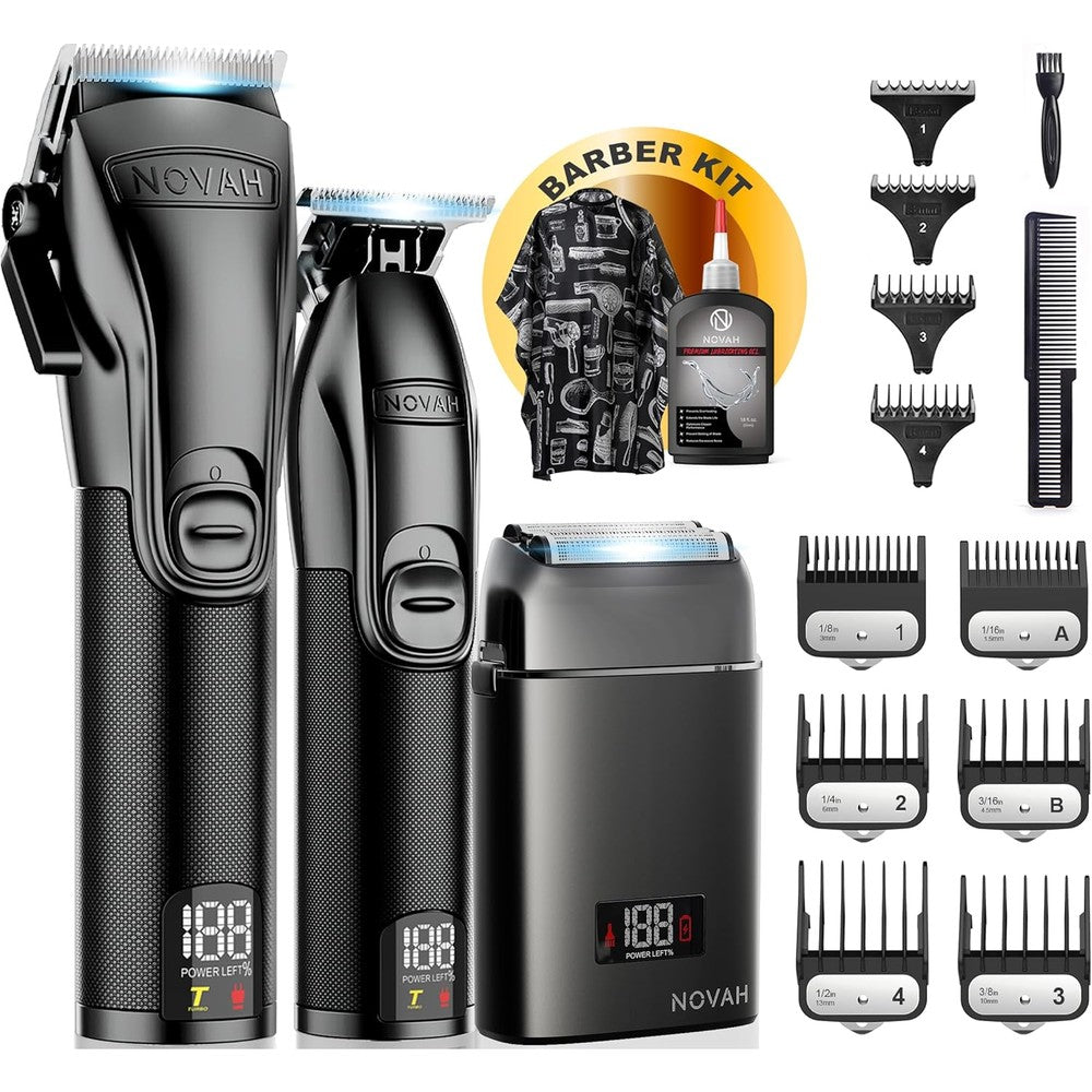 Novah Grooming Professional Barber Clippers and Trimmer Set front view showing the matte black metal unibody design.