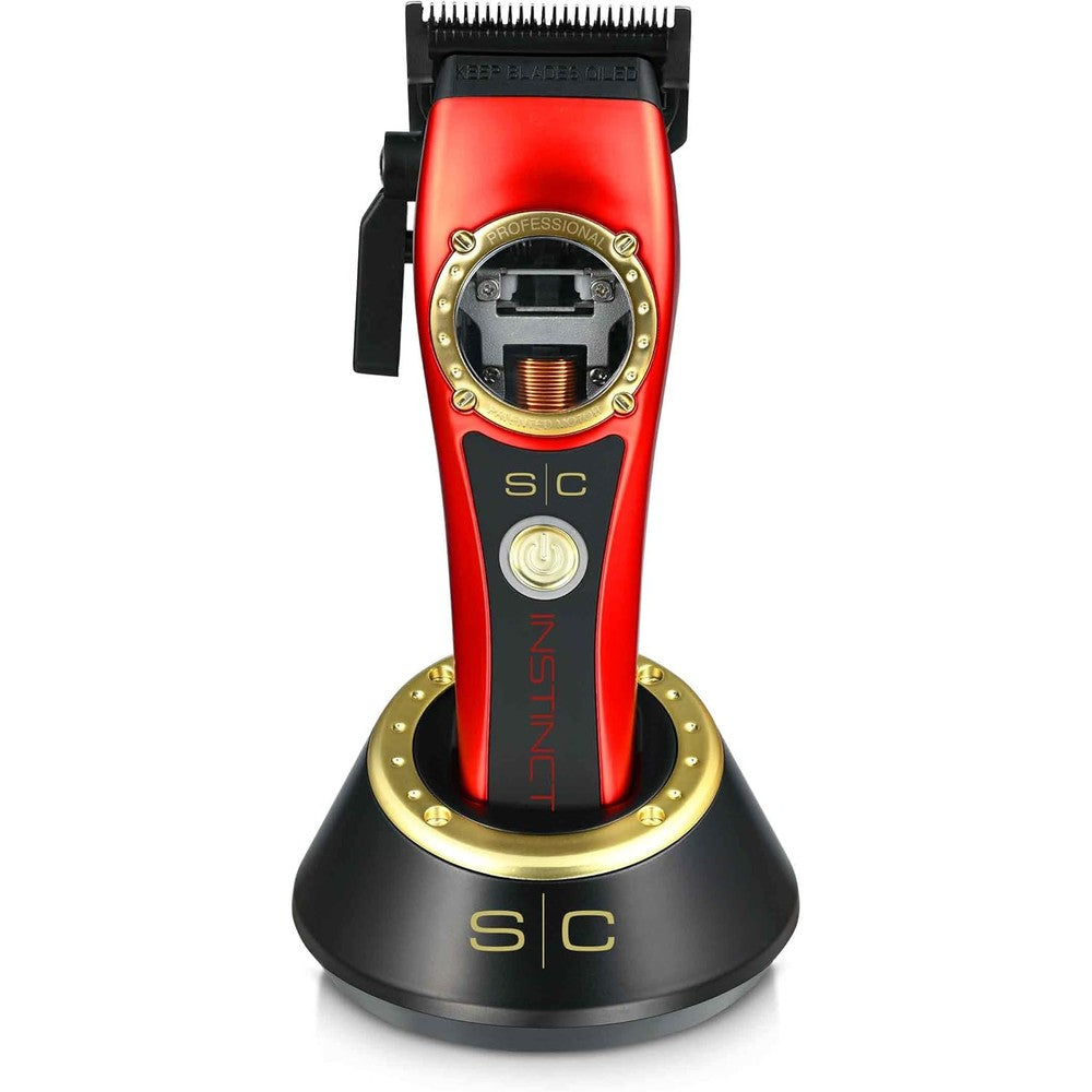 Stylecraft Instinct Professional IN2 Vector Motor Cordless Hair Clipper front view showcasing the red body design.