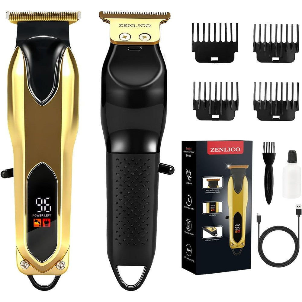 Zenlico hair clippers for men front view showing gold body and digital LED battery display screen.