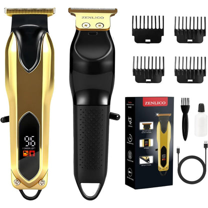 Zenlico hair clippers for men front view showing gold body and digital LED battery display screen.