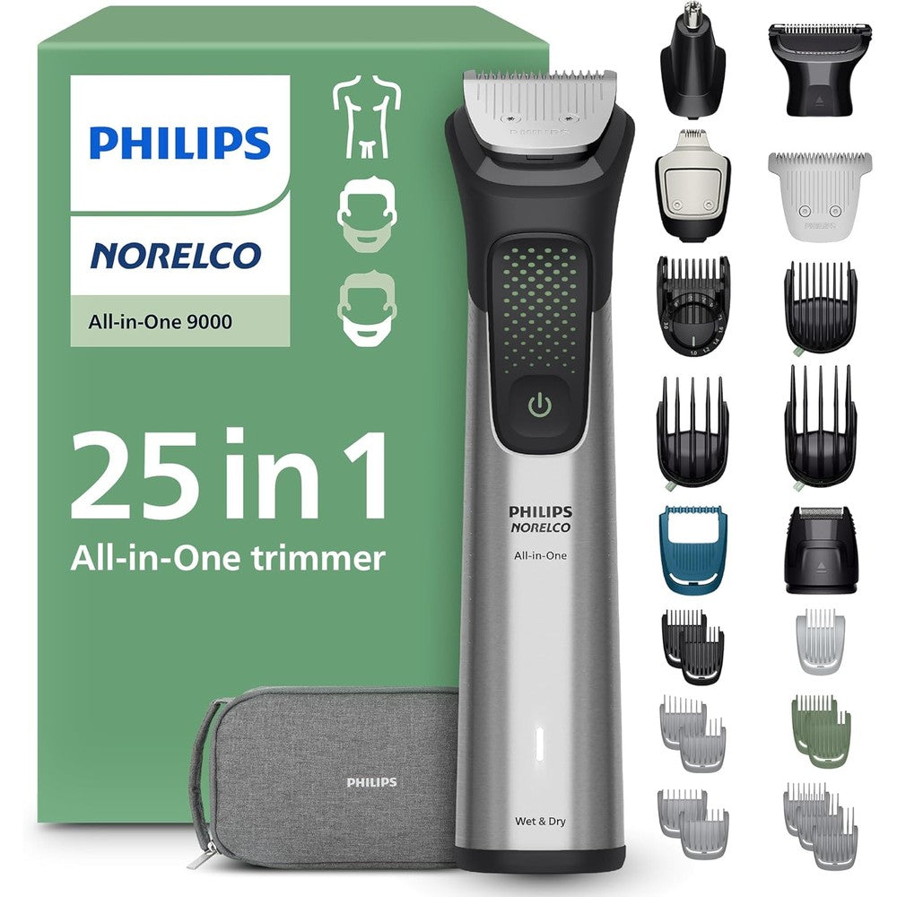 Philips Norelco All-in-One 9000 Series premium grooming trimmer front view.