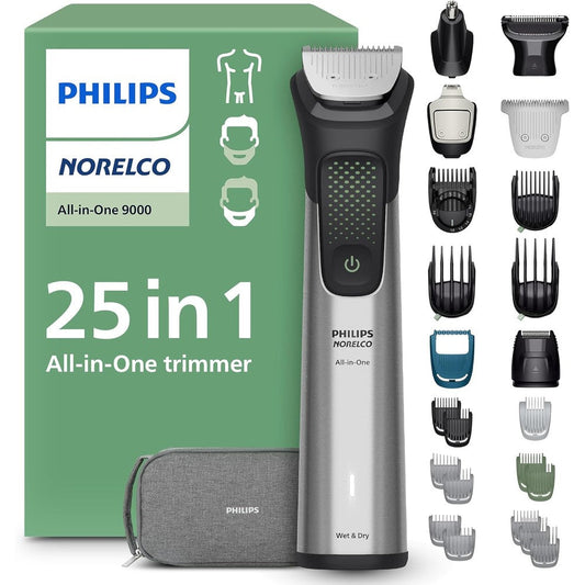 Philips Norelco All-in-One 9000 Series premium grooming trimmer front view.
